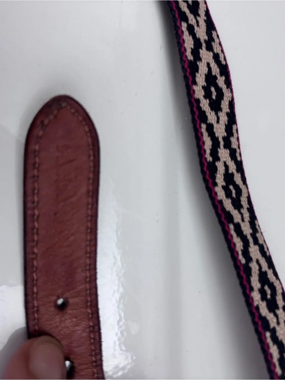 Argentine Arandu Woven Geometric Pattern Brown Leather Trim Belt size 70 cm